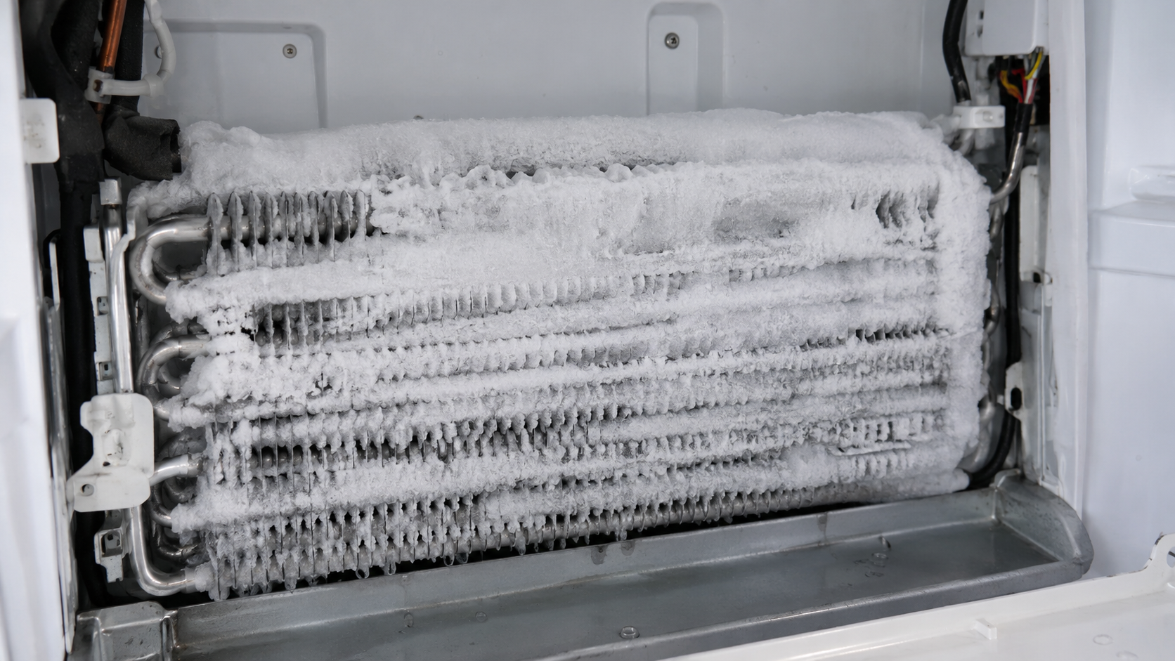 Freezer evaporator coil covered in heavy frost behind the rear panel