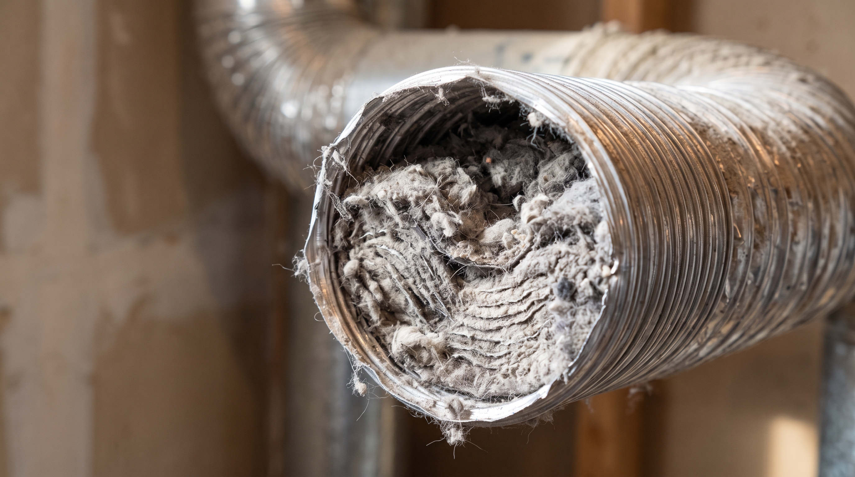 Lint packed inside a flexible dryer vent duct