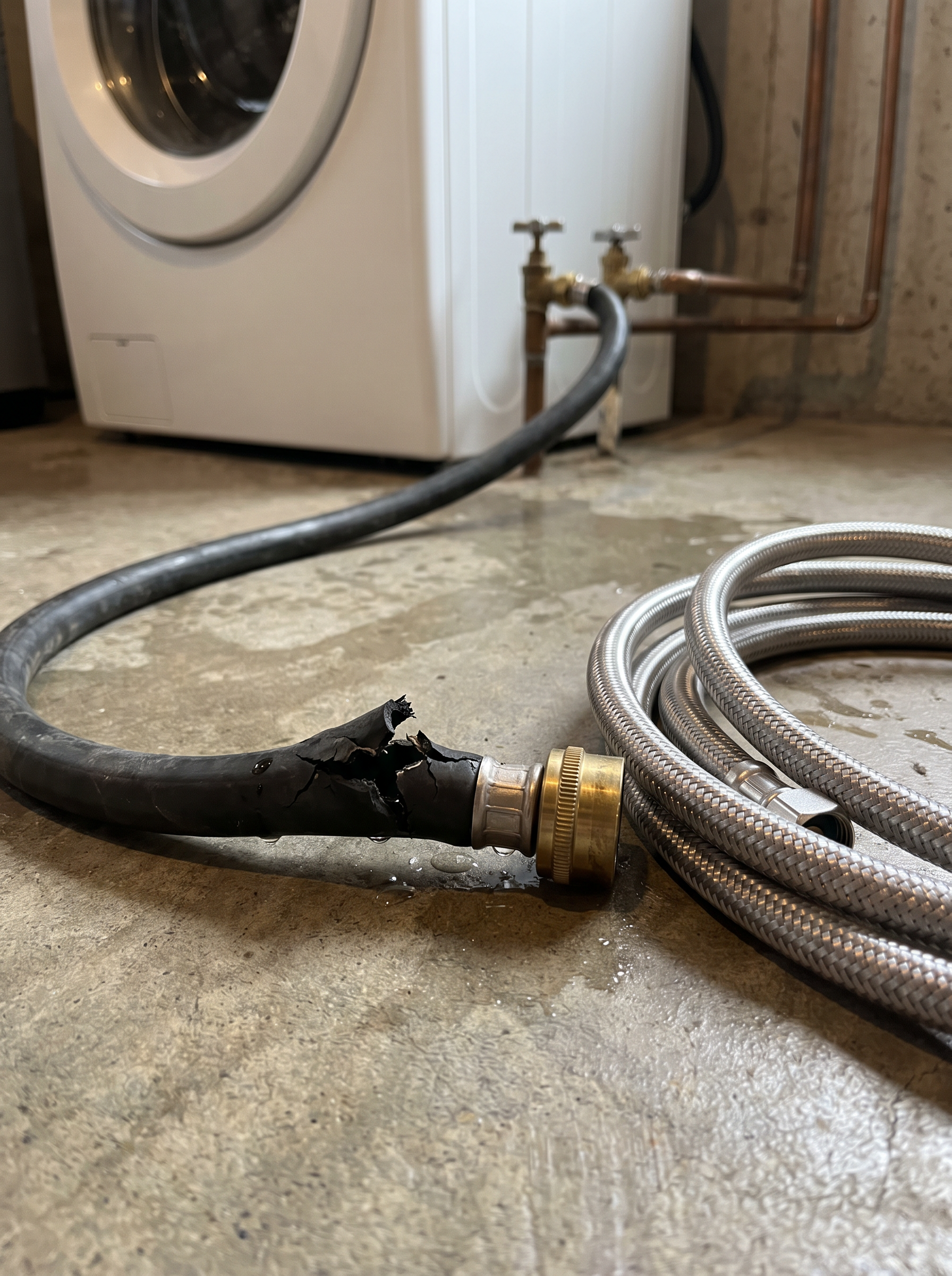 Washer inlet hose burst next to a braided stainless steel replacement hose