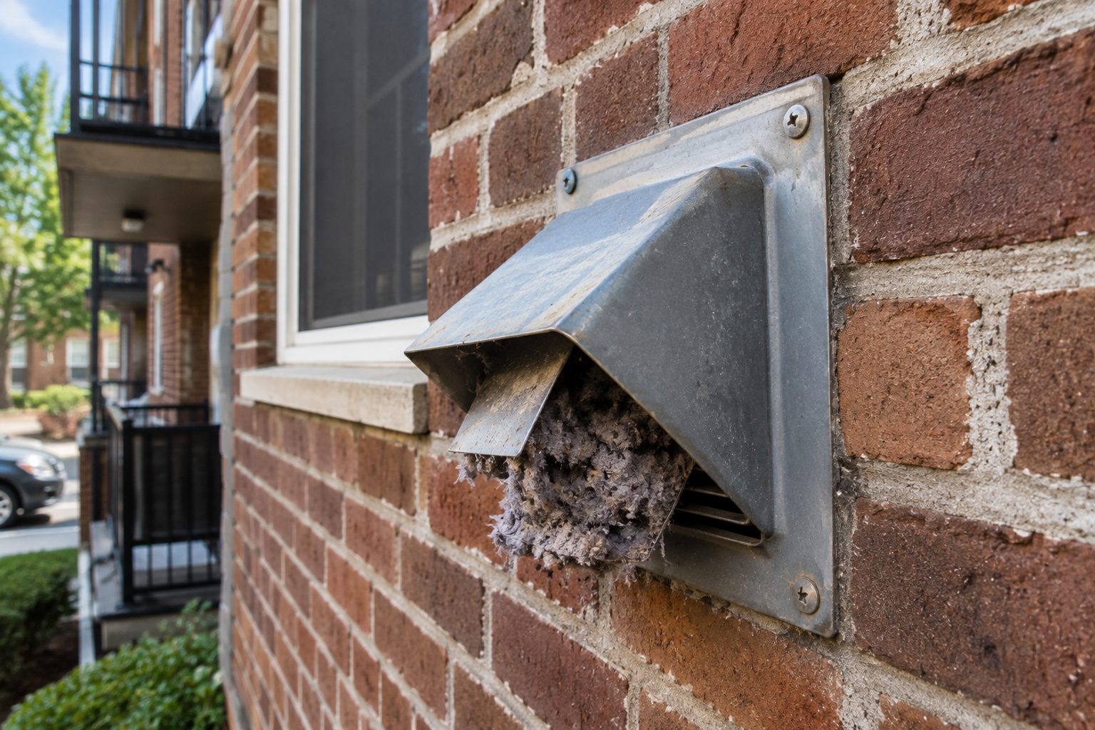 Lint-blocked exterior dryer vent hood on the brick wall of a Westchester multi-family home