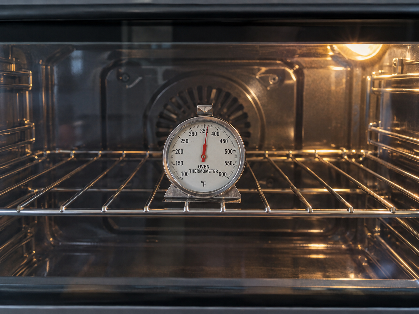 Oven thermometer sitting on the centre rack of a preheated oven
