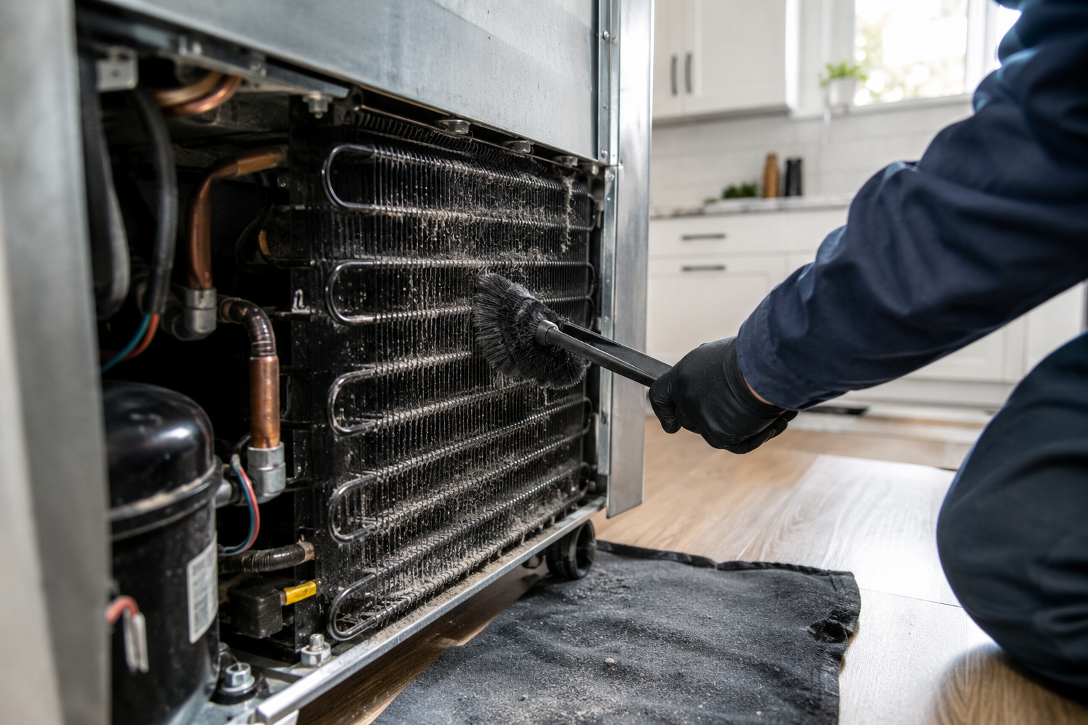 Technician cleaning dusty condenser coils beneath a refrigerator