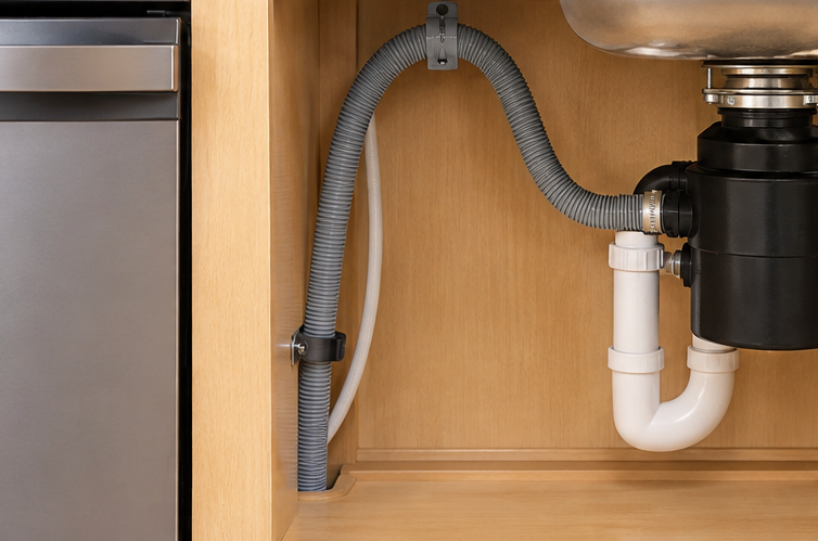 Dishwasher drain hose routed in a high loop under a kitchen sink