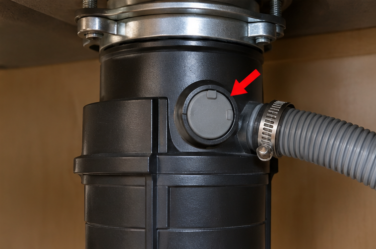 Garbage disposal dishwasher inlet with the knockout plug still in place
