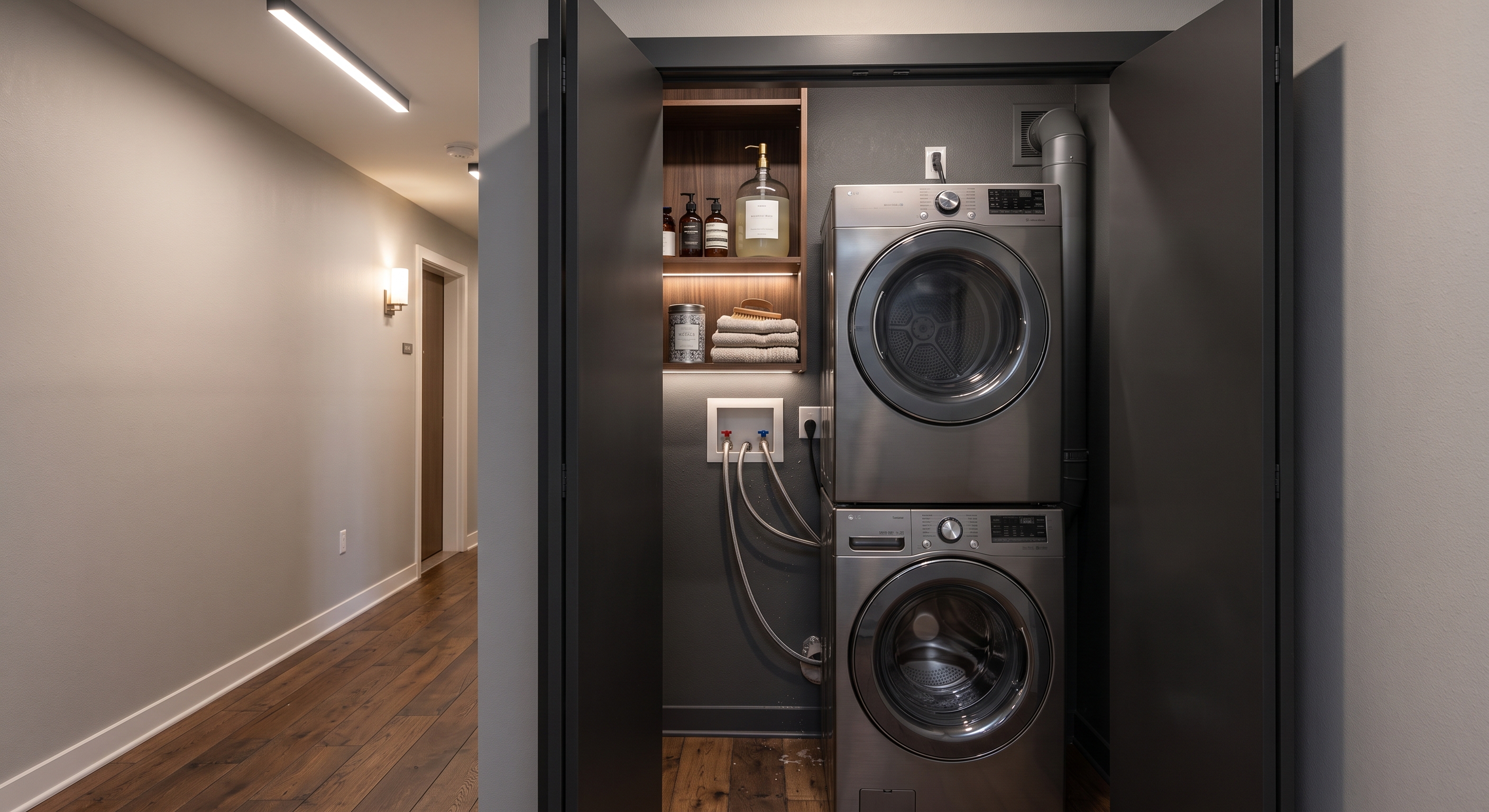 Stacked washer and dryer installed in an apartment hallway closet