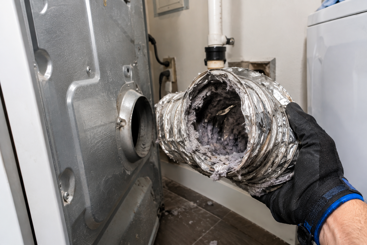 Crushed foil transition duct behind a dryer causing slow drying in a Yonkers laundry room