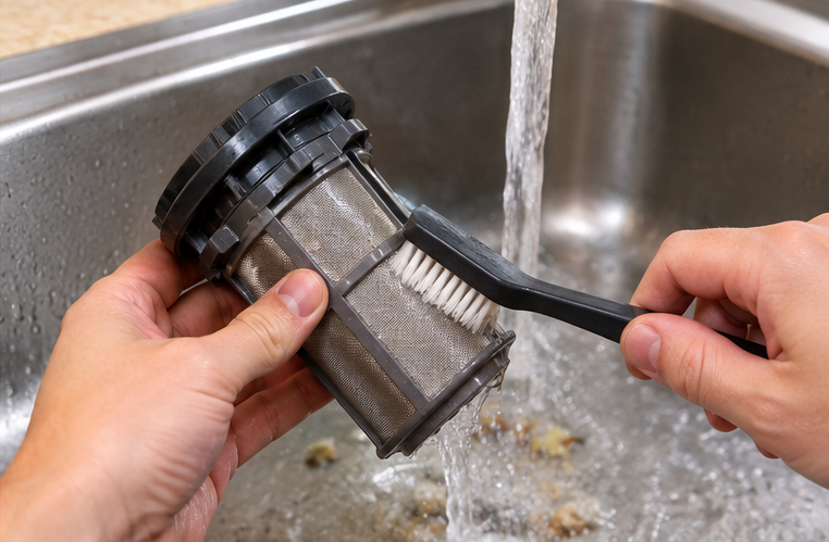 Clogged dishwasher filter removed from the bottom of the tub