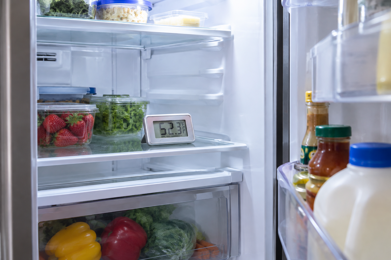 Appliance thermometer on a refrigerator shelf reading above 40°F after the fridge stopped cooling