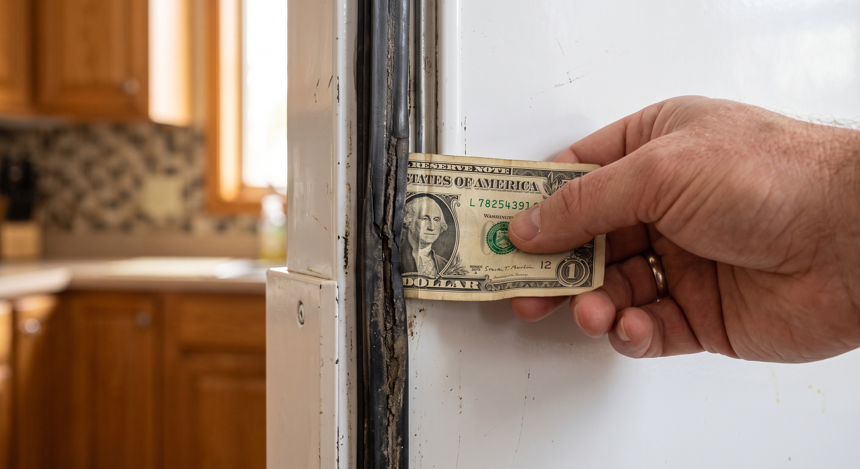 Paper test checking a refrigerator door gasket for a failed seal