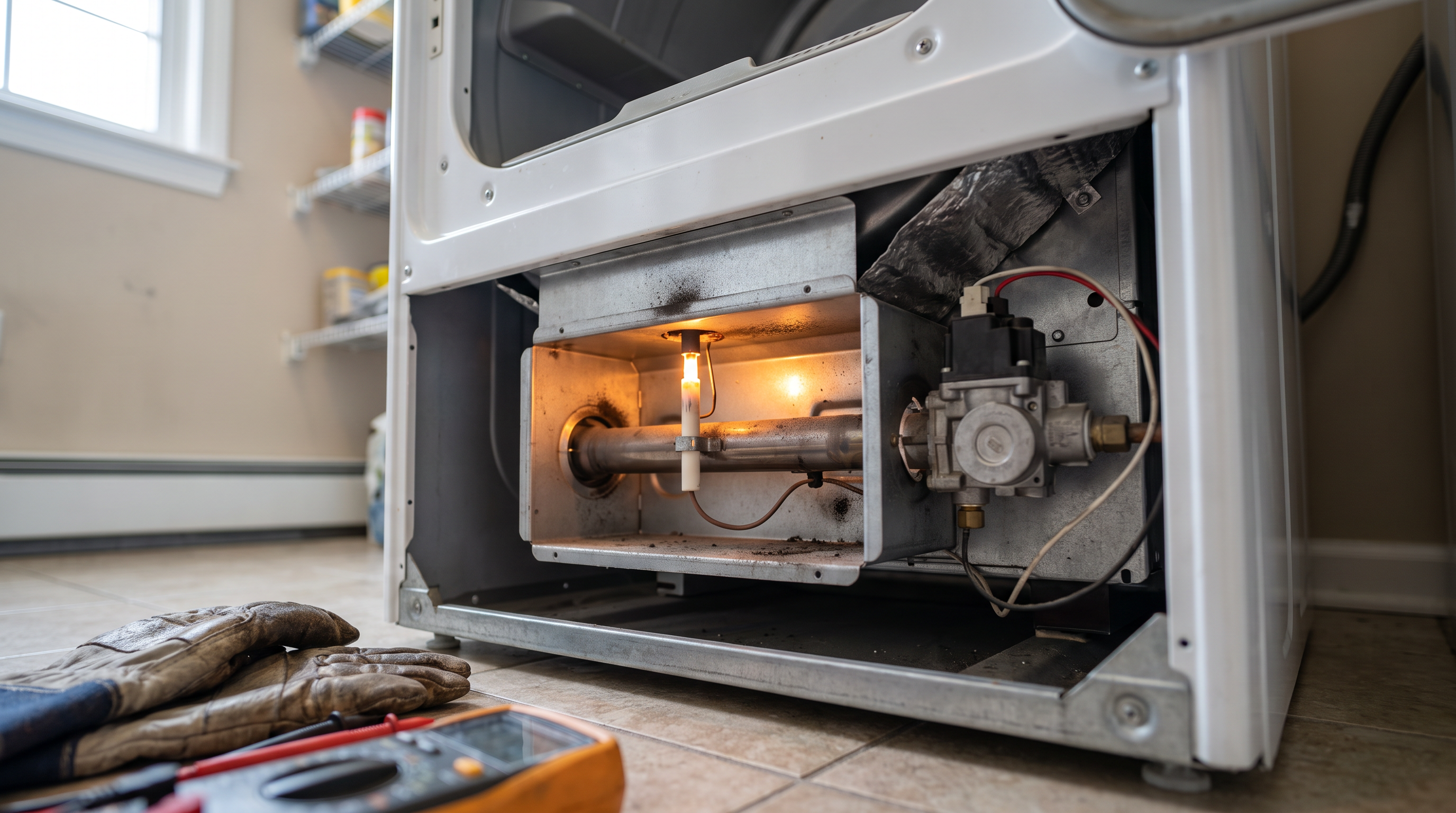 Gas dryer igniter and burner assembly inspected in a Totowa laundry room