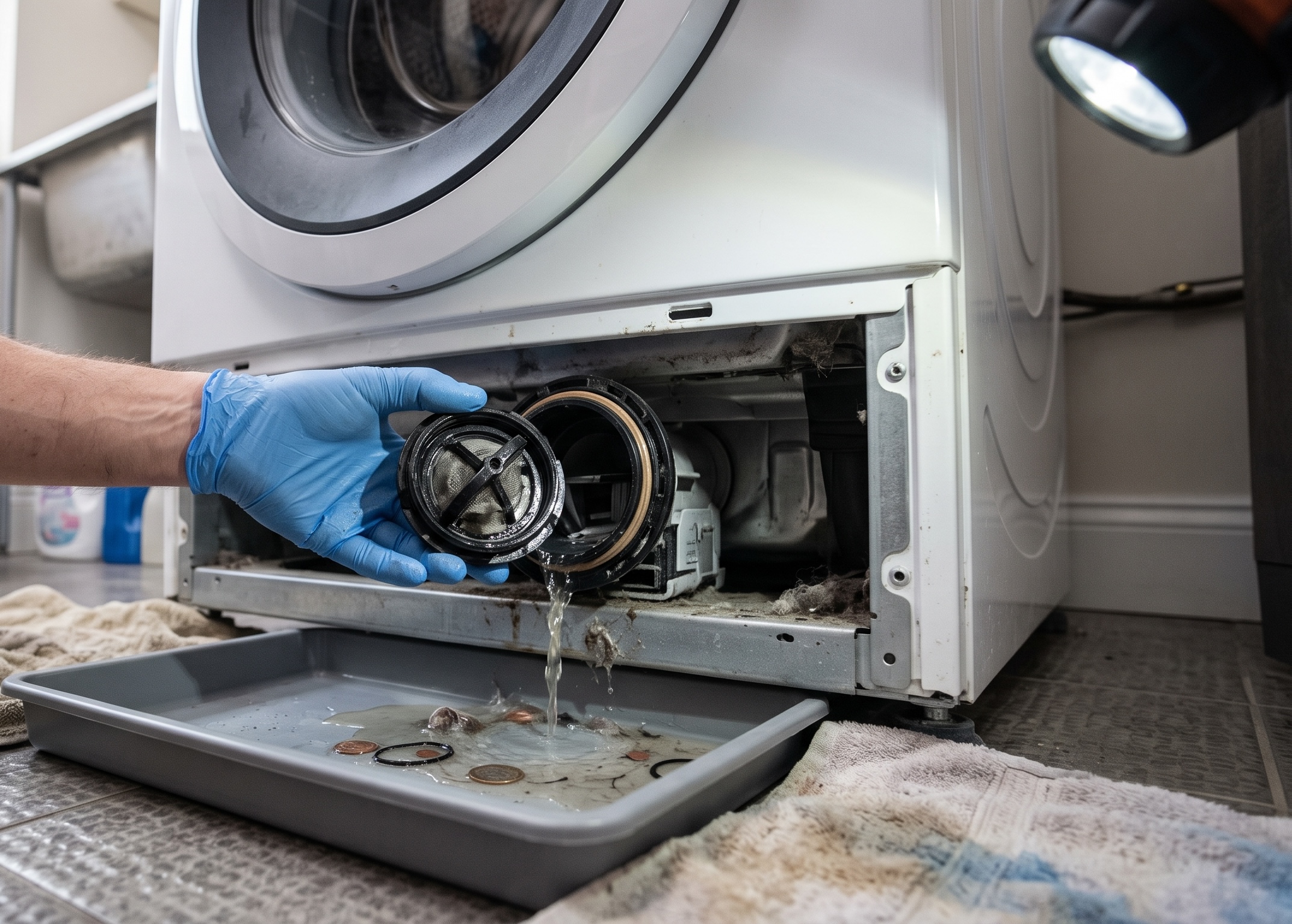 Drain pump filter removed from the front access panel of a washer