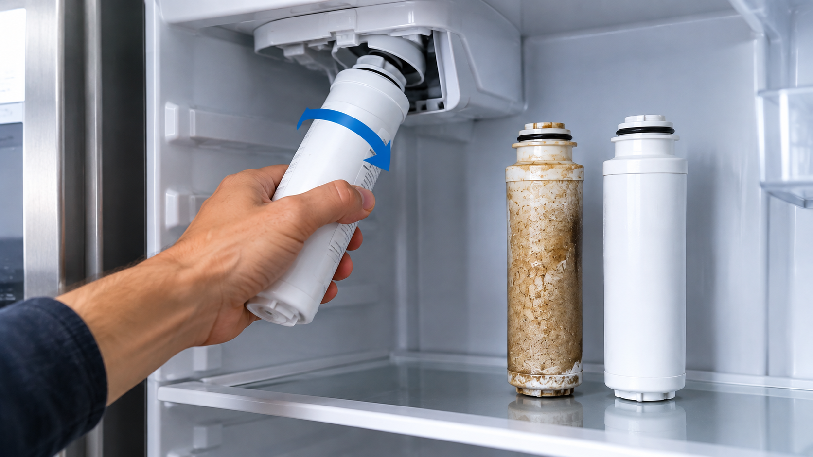 Refrigerator water filter being twisted out of its housing