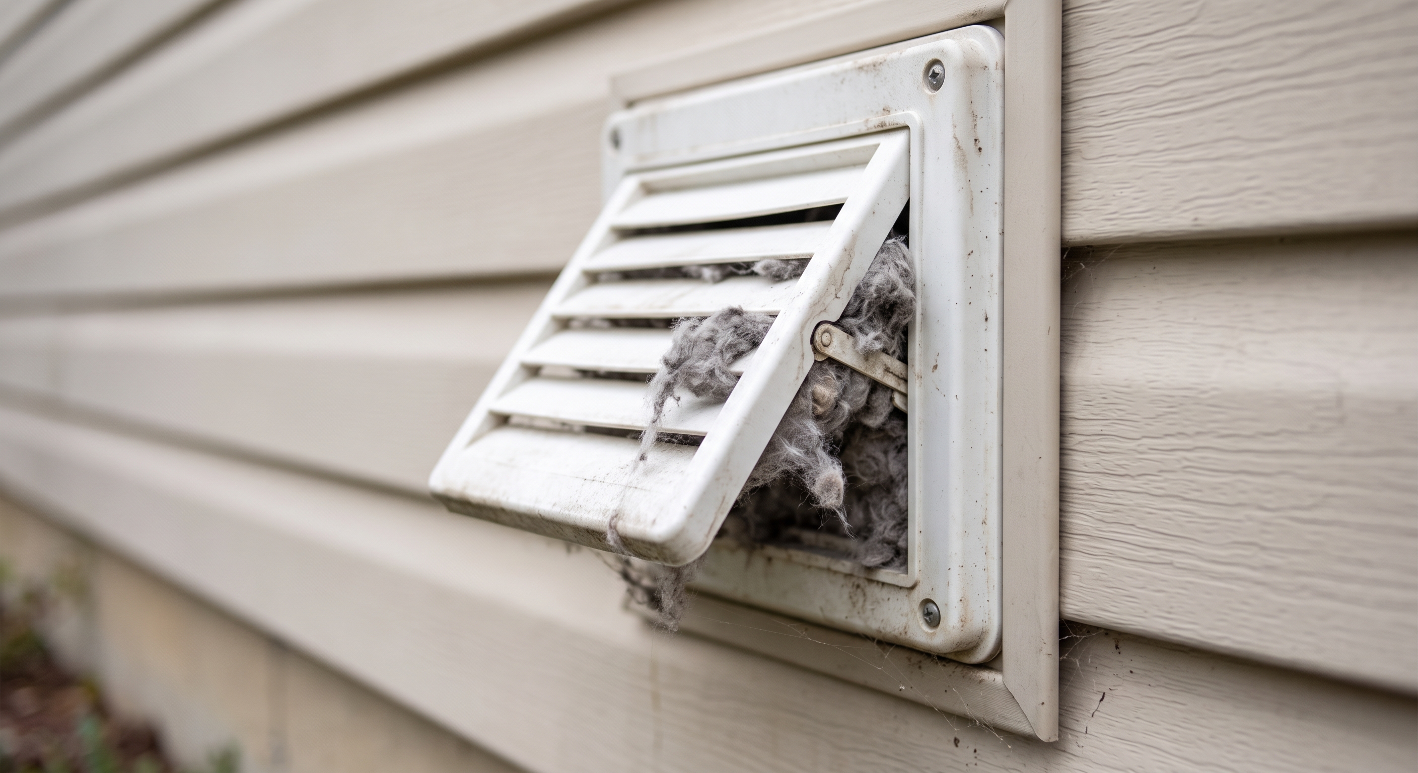 Exterior dryer vent hood with the flap held open by lint buildup