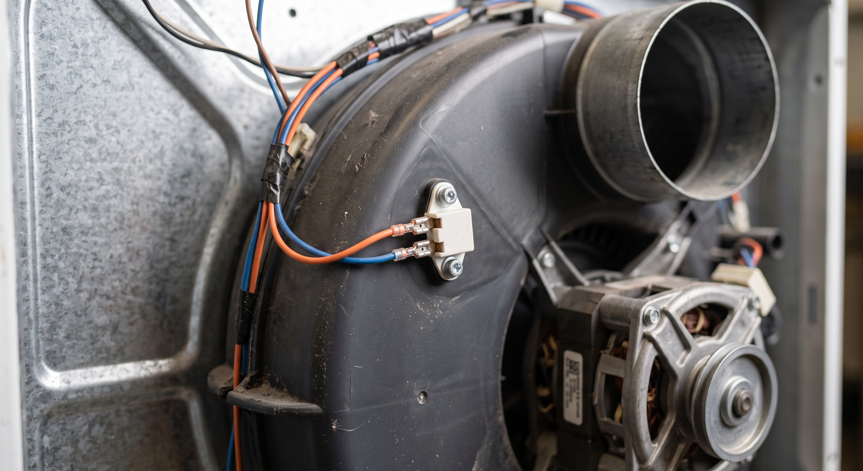 Thermal fuse mounted on the blower housing of a clothes dryer