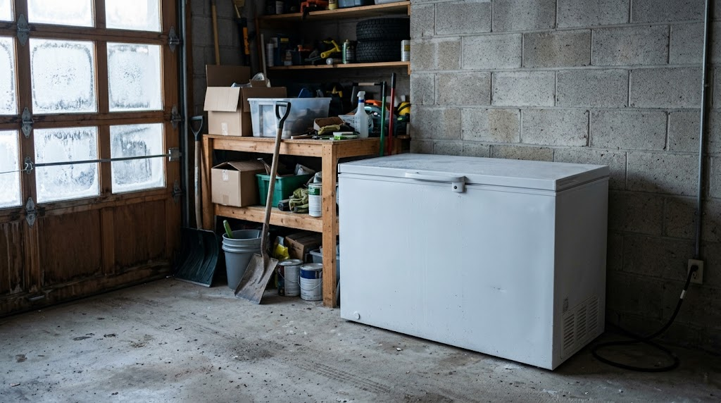 Chest freezer standing in an unheated garage in winter