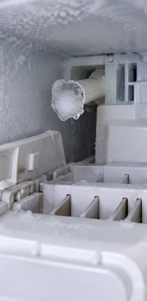 Ice maker fill tube blocked with a plug of ice at the back of a freezer