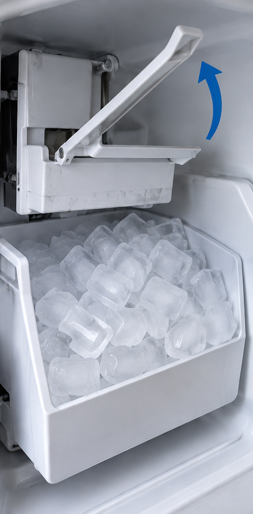 Ice maker bail arm raised into the off position above a full ice bin