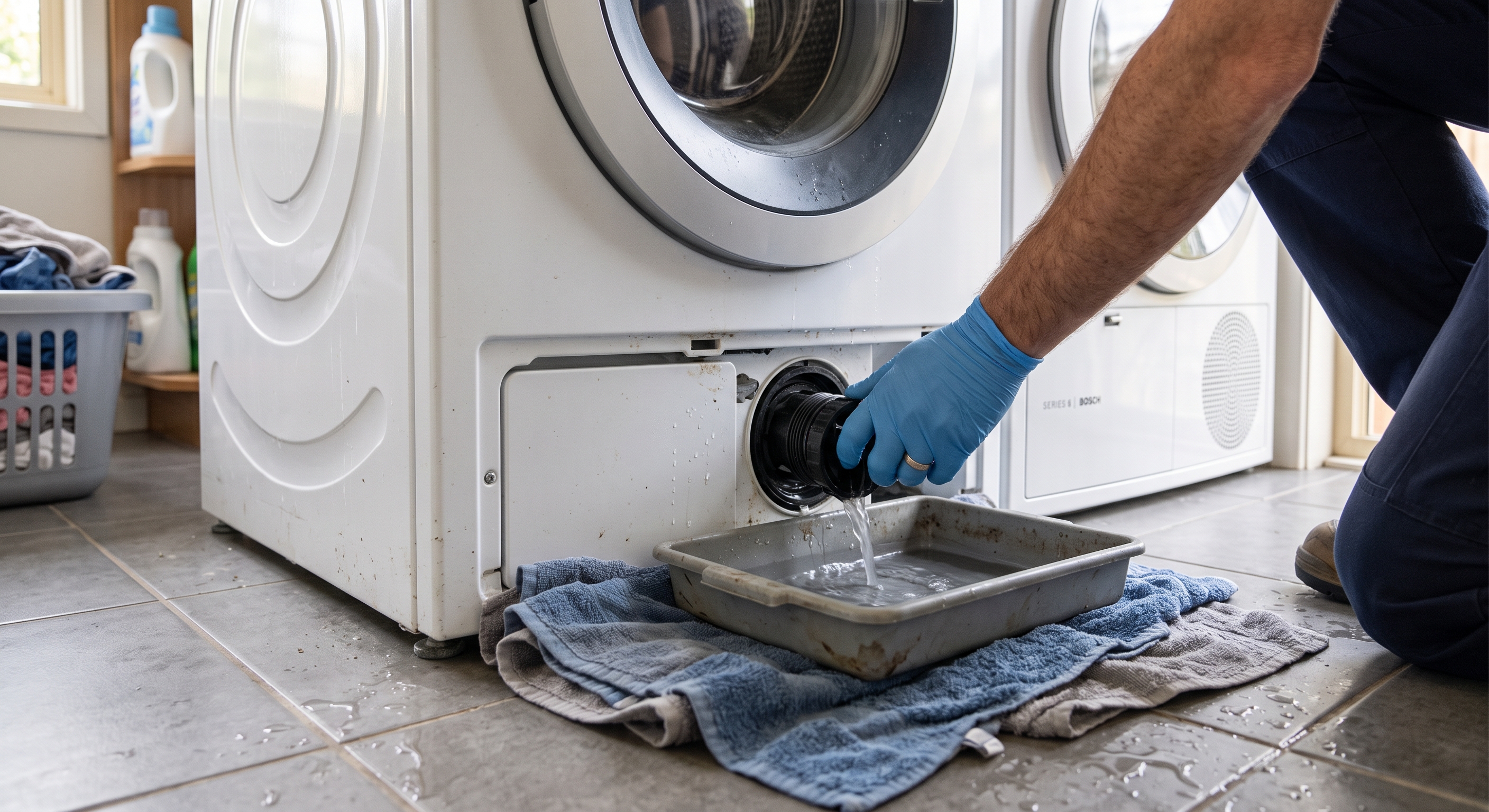 Appliance repair technician performing a washing machine drainage service, emptying water from the drain pump filter into a drip tray in a residential laundry room