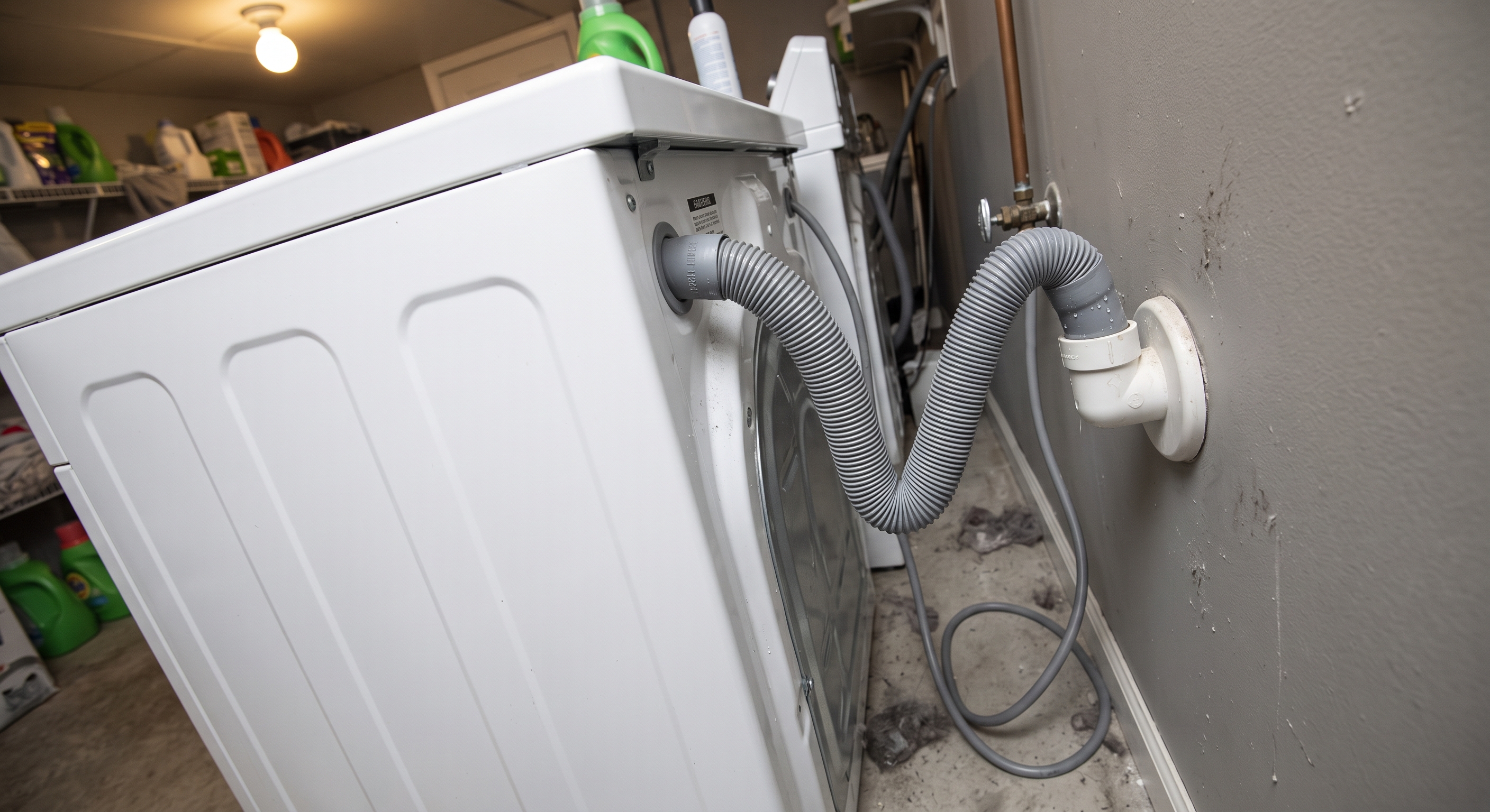 Kinked washing machine drain hose behind the machine