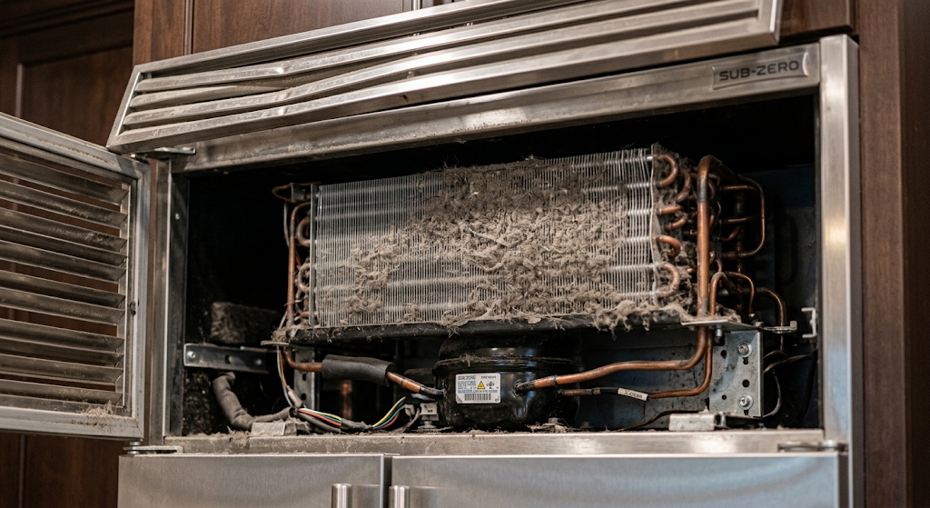 Dust-covered condenser coil behind the top grille of a Sub-Zero built-in refrigerator