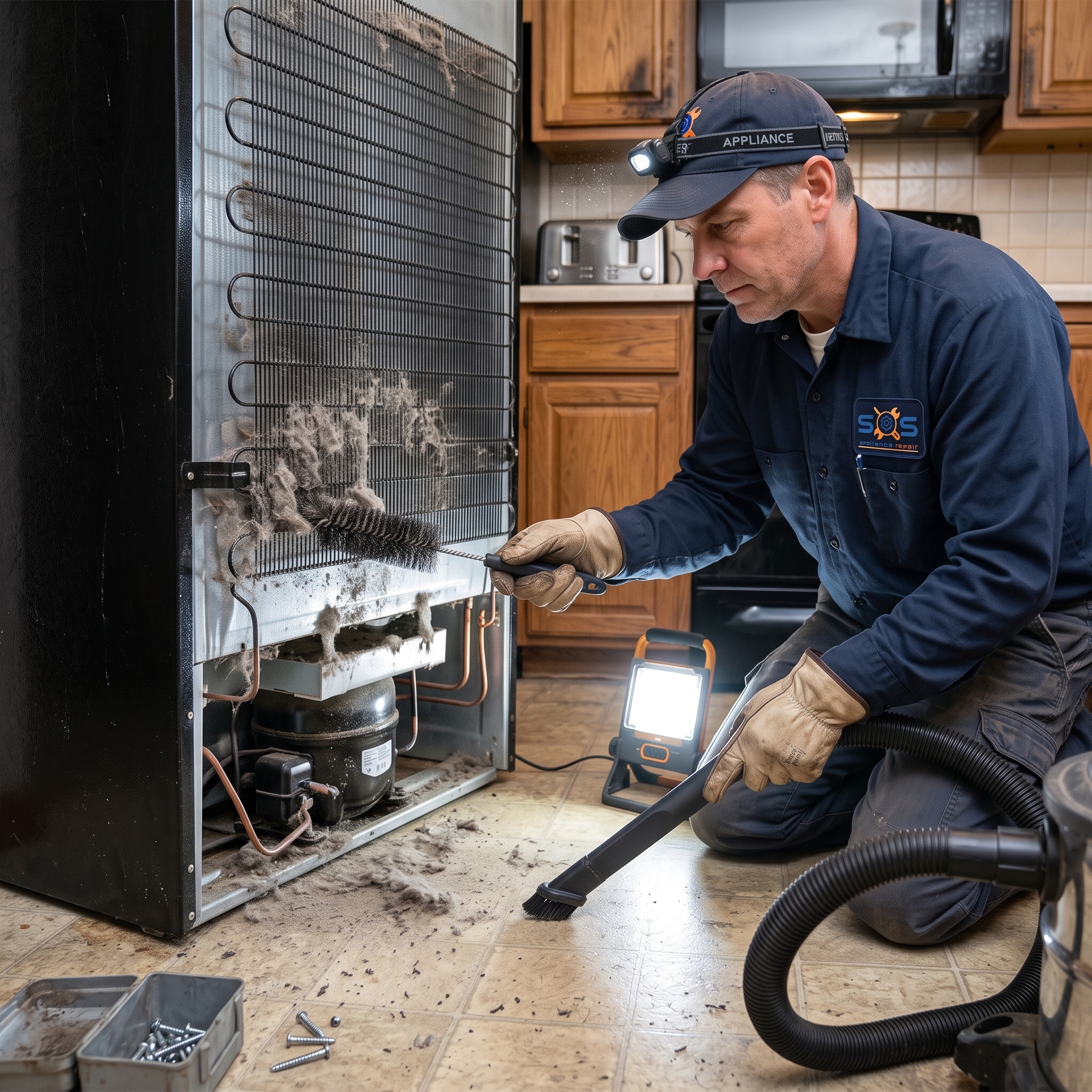 Technician cleaning dusty condenser coils beneath a refrigerator