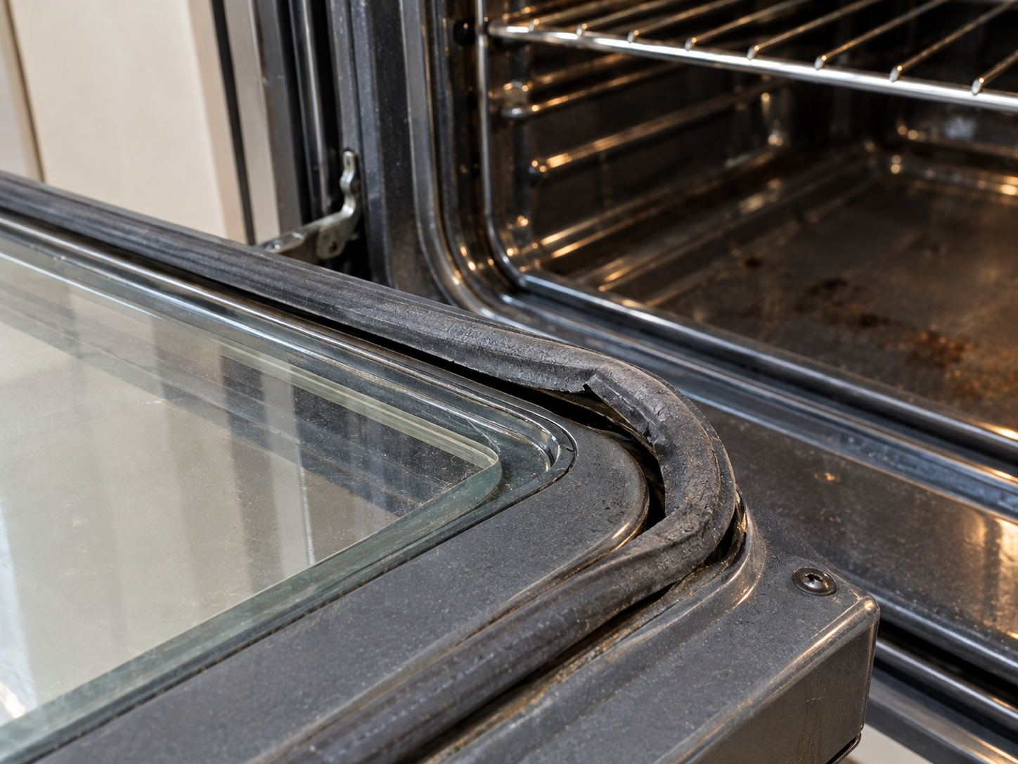 Worn oven door gasket pulling away from the door frame